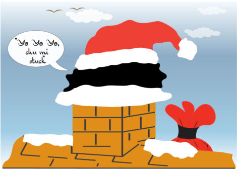 Black Christmas Card Santa Coming Down Chimney - cm002
