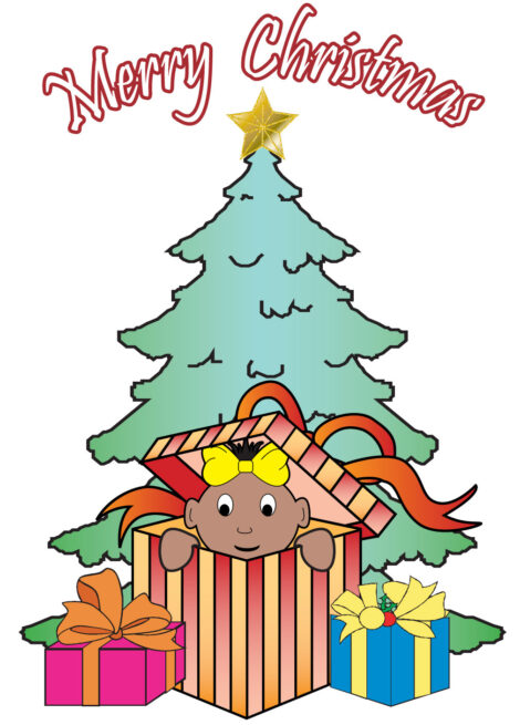 Black Christmas Card Child in a Gift - cm004